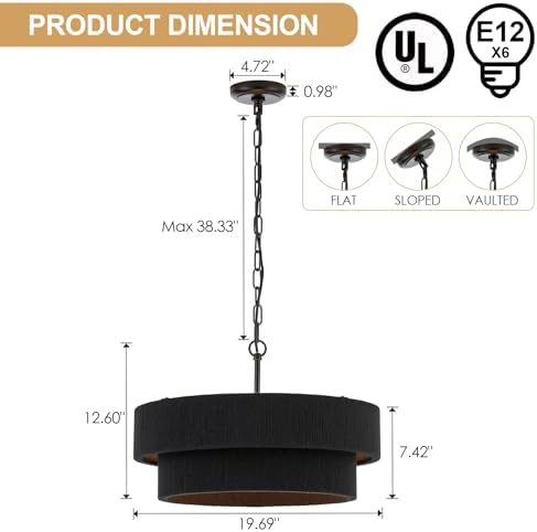 20” Black Hand Woven Rattan Chandelier Boho Pendant Light Adjustable Modern Pendant Light for Kitchen Island Dining Living Room, UL Listed - Image 6