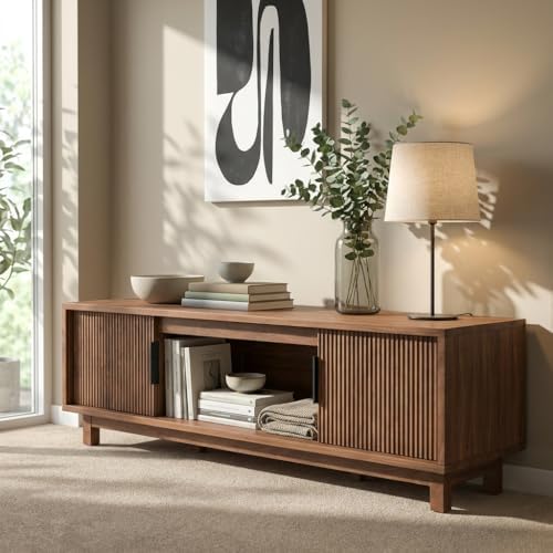 Fluted TV Stand, Mid Century Modern TV Stands for Living Room, Walnut Entertainment Center for 55/60/65 Inch TV, Media Console with Storage Cabinets and Open Shelves, 58" Long - Image 2