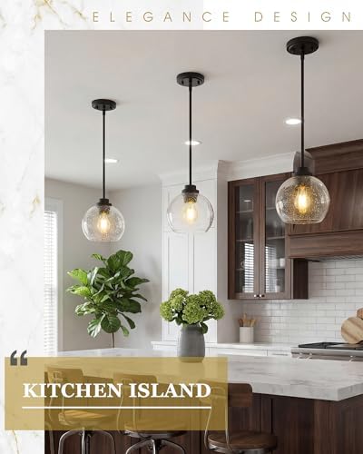 2-Pack Pendant Lights Kitchen Island, 7" Modern Black Hanging Lights Fixtures with Clear Seeded Glass Globe Shade, Kitchen Island Lighting for Bathroom, AD-22280-1P2-BK-S - Image 5