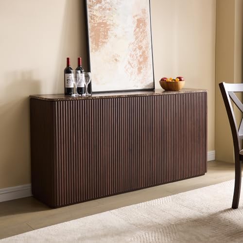 64" Fluted Sideboard Cabinet with Storage, Modern Buffet Cabinet, Dark Oak by DelArk