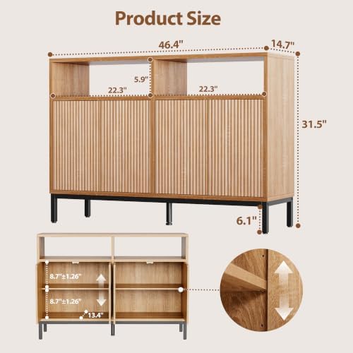 Mericonia 46 Inch Sideboard Buffet Cabinet Storage, Modern Wood Console Fluted Credenza - Image 2