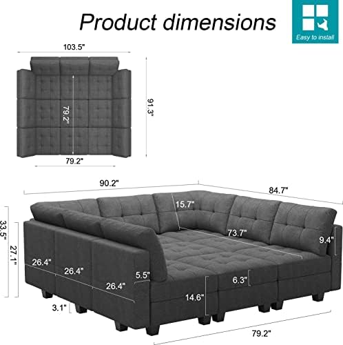 Belffin Modular Sectional Sleeper Sofa Couch with Storage Seat Reversible Modular Sofa Couch Oversized Sleeper Sectional Sofa Bed Set Dark Grey - Image 2