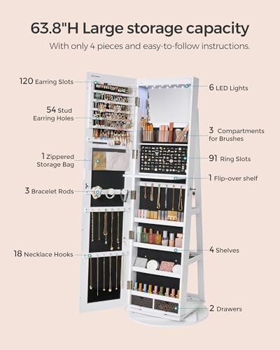 SONGMICS 6 LEDs Mirror Jewelry Cabinet Organizer, 360° Swivel, Lockable - Image 4