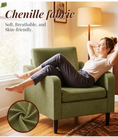 LEVELEVE Accent Arm Chair – Olive Green, Upholstered Scooped Comfy Reading Chair for Living Room, Bedroom, Apartment, Waiting Room - Image 5