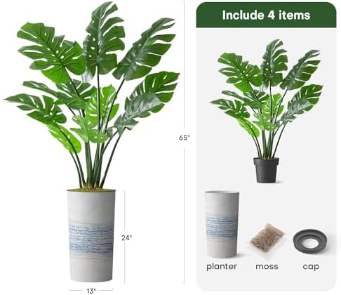 Artificial Tree in Blue Gray Industrial Line Pattern Planter, Fake Monstera Silk Tree for Indoor and Outdoor Home Decoration - 65" Overall Tall (Plant Pot Plus Tree) - Image 3