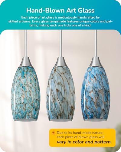 EDISHINE Pendant Light Kitchen Island Blue Glass Brushed Nickel Rod - Image 2
