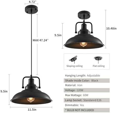 Black Pendant Light 12.5 inches 3 Packs, Farmhouse Pendant Light, Industrial Pendant Lighting, Kitchen Pendant Lights, Pendant Lights Kitchen Island for Dinning Room Entryway Barn - Image 6