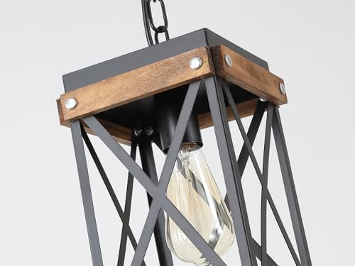 Rustic Farmhouse Wood Pendant Light Fixture One-Light Adjustable Chain Oak Wood and Metal Lantern Cage Small Pendant Lighting for Kitchen Island Sink Hallway Farmhouse Bathroom Bar, Black - Image 5