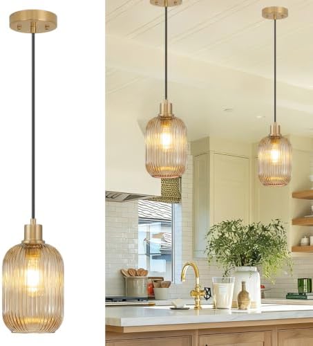 2 Pack Amber Cylinder Pendant Lights Kitchen Island with Ribbed Lampshade, Brushed Gold Hanging Light Fixture, Adjustable Pendant Lighting for Kitchen Island Sink Dining Room (Bulbs Not Included) by BringBrightnesstoYourLife
