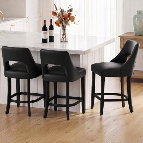 UVV Bar Stools Set of 2, Modern Upholstered Counter Height Bar Stools, Faux Leather Counter Stools BarStools with Wood Legs for Kitchen Island Dining Room Bar, Black - Image 3