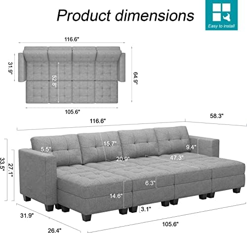 Belffin Storage Modular Sleeper Sofa Sectional Couch with Wide Chaises Convertible Sectional Sofa Bed Modular Sleeper Couch Bed Light Grey - Image 2