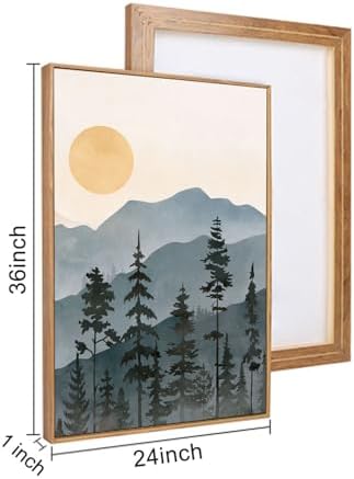 LHIUEM Boho Mountain Framed Canvas Wall Art Set,Forest Pine Tree Wall Decor, Sunrise Misty Wilderness Painting,Watercolor Nature Landscape Artwork for Living Room,Bedroom,Dining Room,Office -24"x36"x3 - Image 7