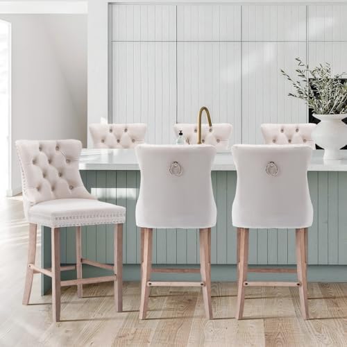 SoarFlash Modern Velvet Upholstered Bar Stools Set of 6 with Wood Legs, Button Tufted,Chrome Nailhead, Counterstool Seat, Armless Bar Chairs (Beige) - Image 4