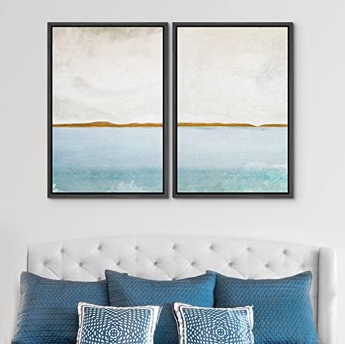 SIGNWIN Framed Canvas Print Wall Art Set Gold Blue Ocean Sea Beach Landscape Nature Wilderness Illustrations Modern Art Decorative Rustic Chic for Living Room, Bedroom, Office - 24"" x36 x2 Black - Image 3