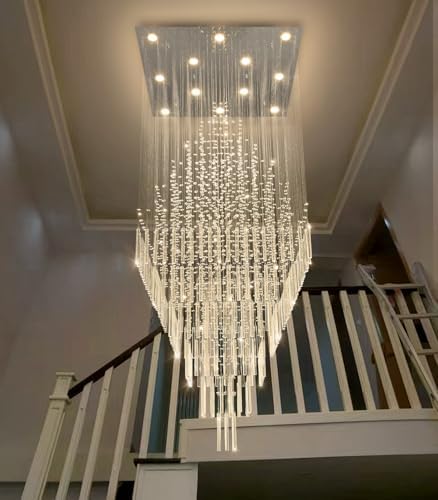 HAIXIANG W32 x H120 Glam Chandelier with LED Bulbs Square Chandeliers, Crystal Raindrop High Ceiling Pendant Light for Entrance Large Villa Chandelier Foyer Lighting Fixtures Silver - Image 5