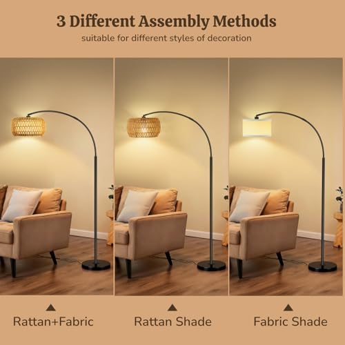 Arc Floor Lamp for Living Room, Rattan Boho Floor Lamp with Remote Control, Black Standing Lamp with 3 Color Temperatures & Dimmable LED Bulb, Tall Lamp for Bedroom, Over Couch Arched Reading Light - Image 5