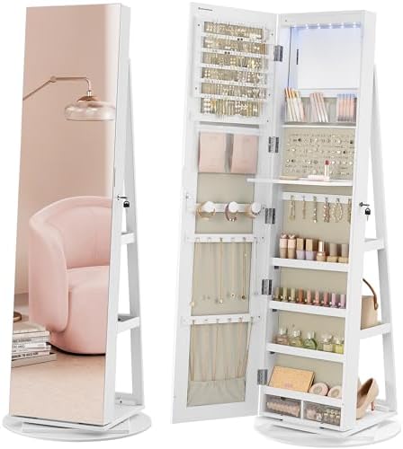 SONGMICS 6 LEDs Mirror Jewelry Cabinet Organizer, 360° Swivel, Lockable by SONGMICSbySONGMICSHOME