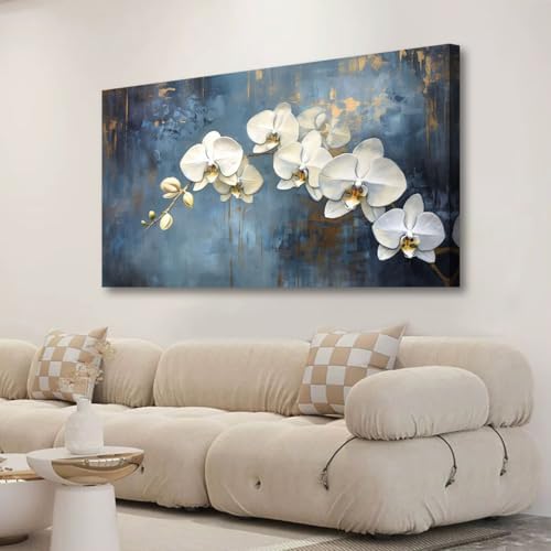 Abstract White Butterfly Orchid Canvas Wall Art for Living room Office Bedroom Flowers Wall Art Print Oil Paintings Modern Blue Gold Rain Mist Pictures Wall Decor Artwork Ready to Hang - 48in * 24inch by HaichuangDecorArt