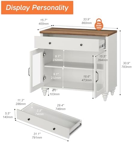 WAMPAT Buffet Cabinet with Glass Doors, Kitchen Storage Cabinets, White - Image 2