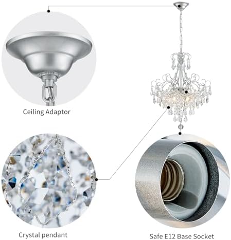 WUZUPS Crystal Chandelier 5-Light Pendant Ceiling Light Modern Lighting Fixture for Dining Room Hallway Bedroom Kitchen Bathroom, H 22.4" x W 18.3", E12 Base, Silver - Image 3