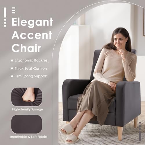 COLAMY Mid-Century Modern Accent Chair, Faux Leather Upholstered Living Room Chair with Back Pillow & Solid Wood Legs, Comfy Armchair for Living Room, Bedroom, Single Sofa, Dark Brown - Image 4