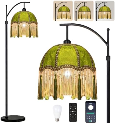 Arc Floor Lamp for Living Room,Bedroom,Standing Lamp with Remote Dimmable,Green Mid Century Black Tall Lamp Boho Vintage Retro Fringe Tassel Flower Velvet Unique Lamp Victorian Tiffany Decor by HTTDZMLIGHT