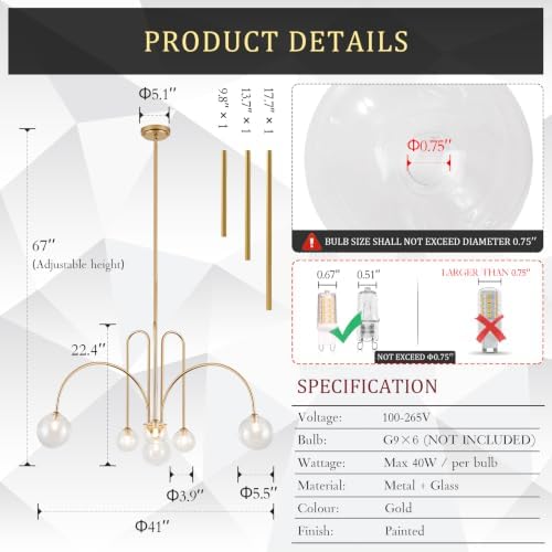 CATINER Modern 40" 6-Light Gold Sputnik Chandelier with Clear Glass Globe - Image 3