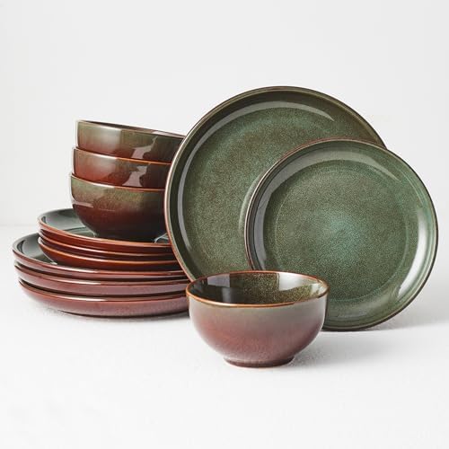 Pokini Stoneware Dinnerware Sets for 4, 12pcs Plates and Bowls Sets Dishes by Pokini
