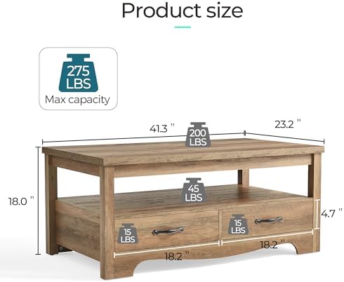 LINSY HOME Farmhouse Coffee Table with Storage, Wood Coffee Table for Living Room, Open Display Area and Storage Drawers with Metal Handles, Chic Style with Curved Base, Brown - Image 3