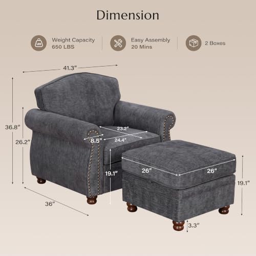 Traditional Accent Chair with Storage Ottoman, 41.3", Chenille, Dark Gray - Image 2