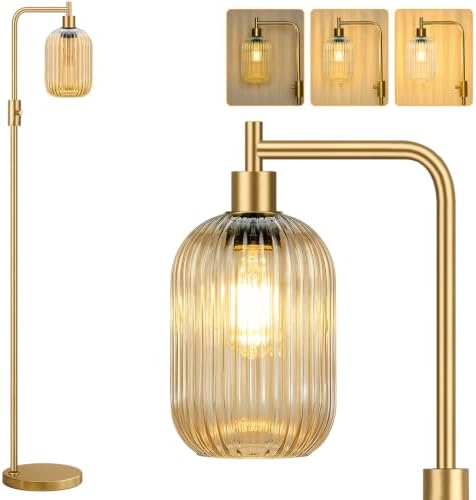 【Upgraded】 Dimmable Floor Lamp for Living Room with Amber Ribbed Glass Lampshade, Gold Modern Floor Lamp with 900LM LED Bulb Included, Arc Standing Tall Lamp for Bedroom, Office, Reading Room, Corner by Yemela