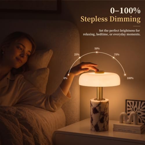 Marble Lamp,Cordless Table Lamp with Glass Shade,Rechargeable Touch Dimming - Image 4
