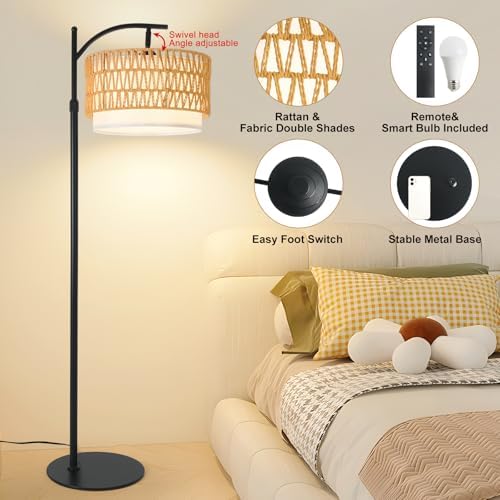 Rustic Black Farmhouse Floor Lamp with Woven Rattan Shade - 12W LED, Remote & Dimmable 3-Color Temp, Tall Standing Lamp for Living Room - Image 4