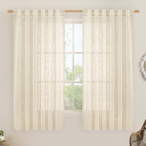 LAMIT Faux Linen Curtains 63 inches Long for Bedroom, Semi Sheer Panels by LAMIT