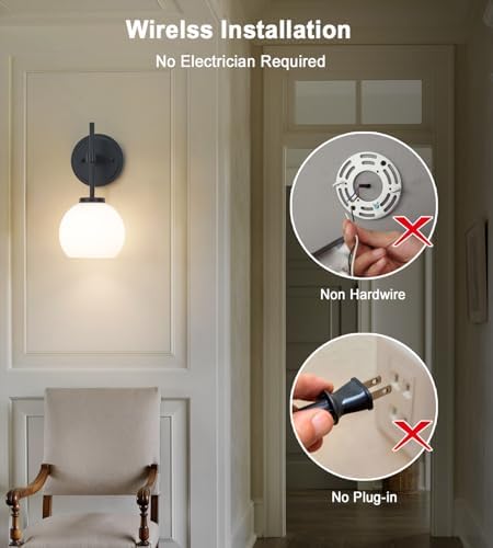 SANTOSTOCK Black Wireless Rechargeable Wall Sconces with Remote Control, Battery Operated Wall Sconce Set of 2, LED Dimmable Wall Lights with Opal White Glass Shade, 12 Colors RGB & 3 CCT Bulb - Image 4
