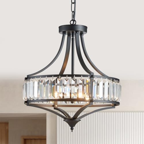 Black Crystal Chandeliers for Dining Room, Round Rustic Farmhouse Chandelier with Metal Shade 4-Light Modern Pendant Lighting for Hallway, Bedroom, Foyer by Majhoiw