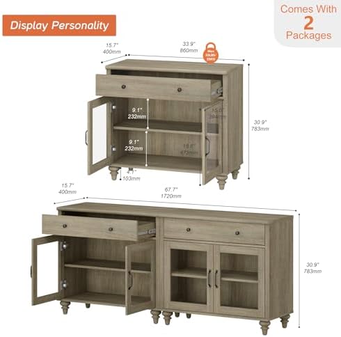 WAMPAT Sideboard Buffet Cabinets with 4 Glass Doors, Kitchen Storage Cabinets, Wooden Coffee Bar Tables with Vintage Gourd Leg, Accent Sideboard Credenza Table for Dining Room, Living Room, Wash Grey - Image 2
