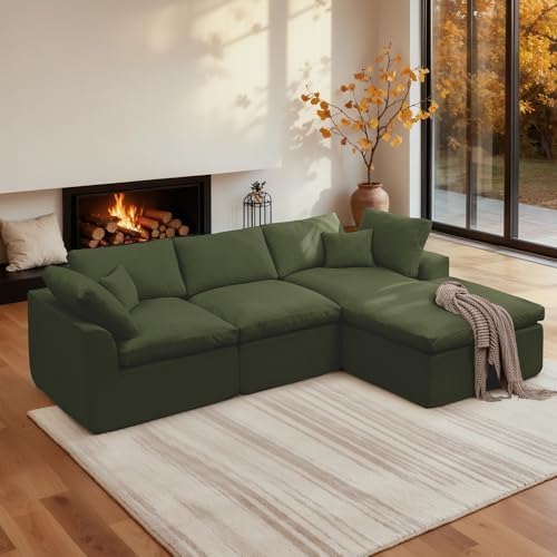 Korser 110" Cloud Sectional Couches for Living Room, Modern Modular Sectional Sofa with Ottoman, Boneless Cloud Couch with Comfy Deep Seats, Fluffy Chenille L-Shape Sofa Couch for Living Room, Green by KORSER