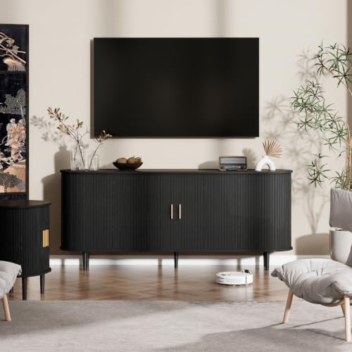 71" Sideboard Buffet Cabinet with Storage,Large Credenza with Sliding Doors and 1 Drawer,Mid Century Modern Coffee Bar Cabinet with Adjustable Shelves for Dining Room, Kitchen, Living Room (Black) - Image 6