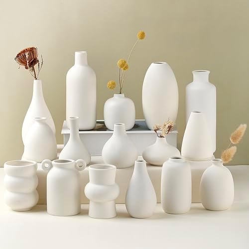 Set of 16 White Ceramic Bud Vases, Minimalist Boho Small Pampas Grass Flower Vase for Farmhouse Home Decor, Wedding Centerpiece, Shelf and Table Decoration by Parlamain