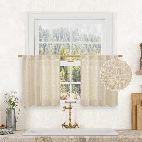 LAMIT Cafe Linen Curtains for Kitchen Window Over Silk 34 x 24 Inch by LAMIT