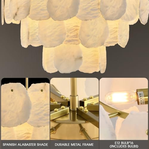 32″ Alabaster Chandelier, 16-Light Marble Round Chandelier, Modern Dining Room Chandeliers, 3 Tiers White & Brass Alabaster Chandeliers for Living Room Bedroom Bathroom Kitchen Foyer - Image 3