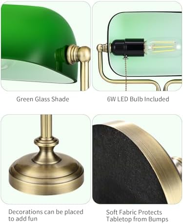 Traditional Banker's Desk Lamp with Glass Shade,Pull Chain Switch, LED Bulb Included (Antique Bronze+Green) - Image 6