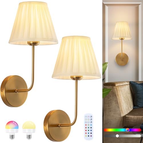 Cordless Wall Sconces Set of 2, Dimmable 15 Colors Rechargeable Battery Operated Wall Sconces, Wireless Gold Vintage Wall Sconce with Fabric for Bedroom Living Room Hallway Wall Decor by Unknown