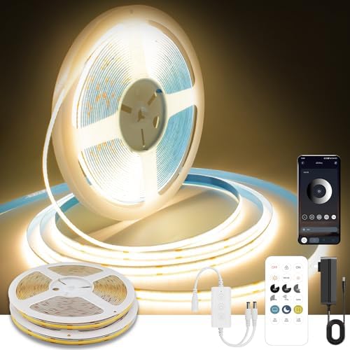 Pandery COB LED Strip Lights Warm White,24V Dimmable led Light Strip KIT with Remote and app Control,3000K 50FT/15m 8mm Wide Ra>90 Cuttable Flexible Strip Lights for Bedroom,Wardrobe,Cabinet by PanderyCOBLightUPYourLife