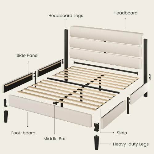 Fluest Full Bed Frame, Platform Bed Frame with Velvet Upholstered Headboard, No Box Spring Needed, Sturdy Metal Support, Noise Free, Easy Assembly, Modern Bedroom Furniture, Beige - Image 6