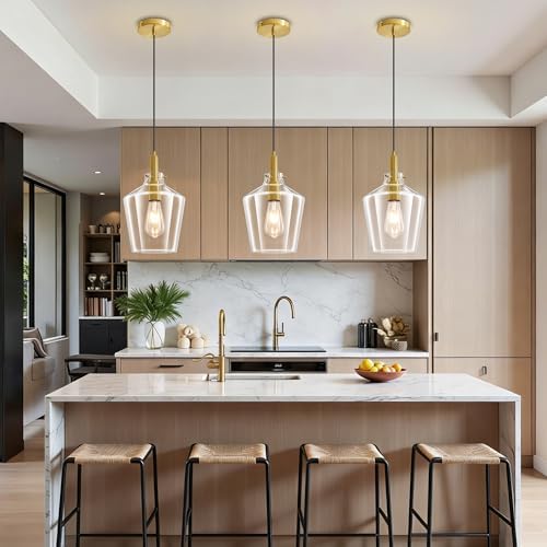 Glass Pendant Lighting for Kitchen Island Entryway 3 Pack Gold Clear 8 Inch - Image 2