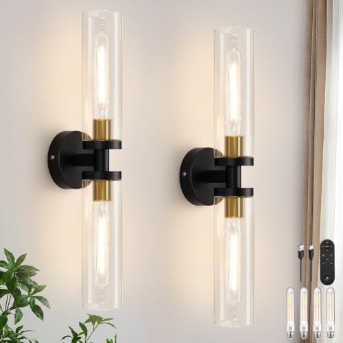 Battery Operated Wall Sconces Set of Two, Black and Gold Wall Light fixtures with Wireless Remote Control，Rechargeable Dimmable Wall Sconces with 3000K Bulbs for Bathroom Mirror Living Room Bedroom by Indoibrightenyourbathroom