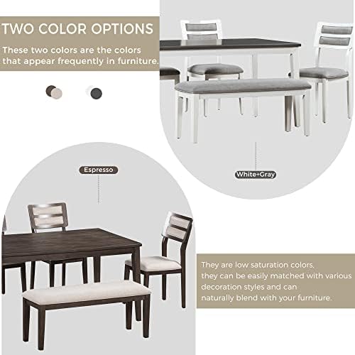Rustic Farmhouse 6-Piece Kitchen Dining Table Set, Solid Wood Dining Room Set of 6, Classic 60'' Rectangular Table with 4 Upholstered Padded Chairs and Bench (White-3) - Image 5