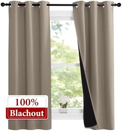 NICETOWN 100% Blackout Short Curtains with Black Liners, 2 Panels, 37" W by 60" L, Taupe, Solid Thermal Insulated Full Blackout 2-Layer Lined Drapes, Energy Efficiency Window Draperies for Bedroom - Image 2